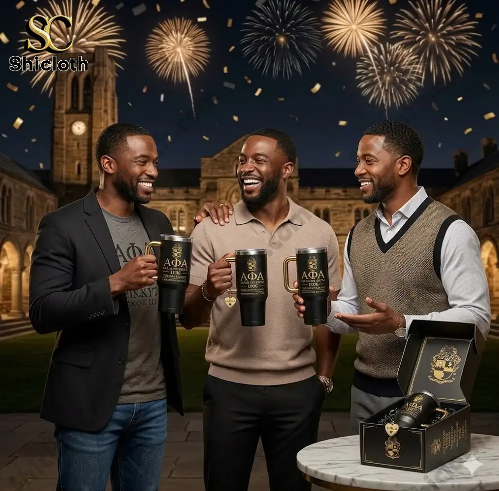 Three men holding Alpha Phi Alpha anniversary tumbler celebrating together with fireworks in the background!