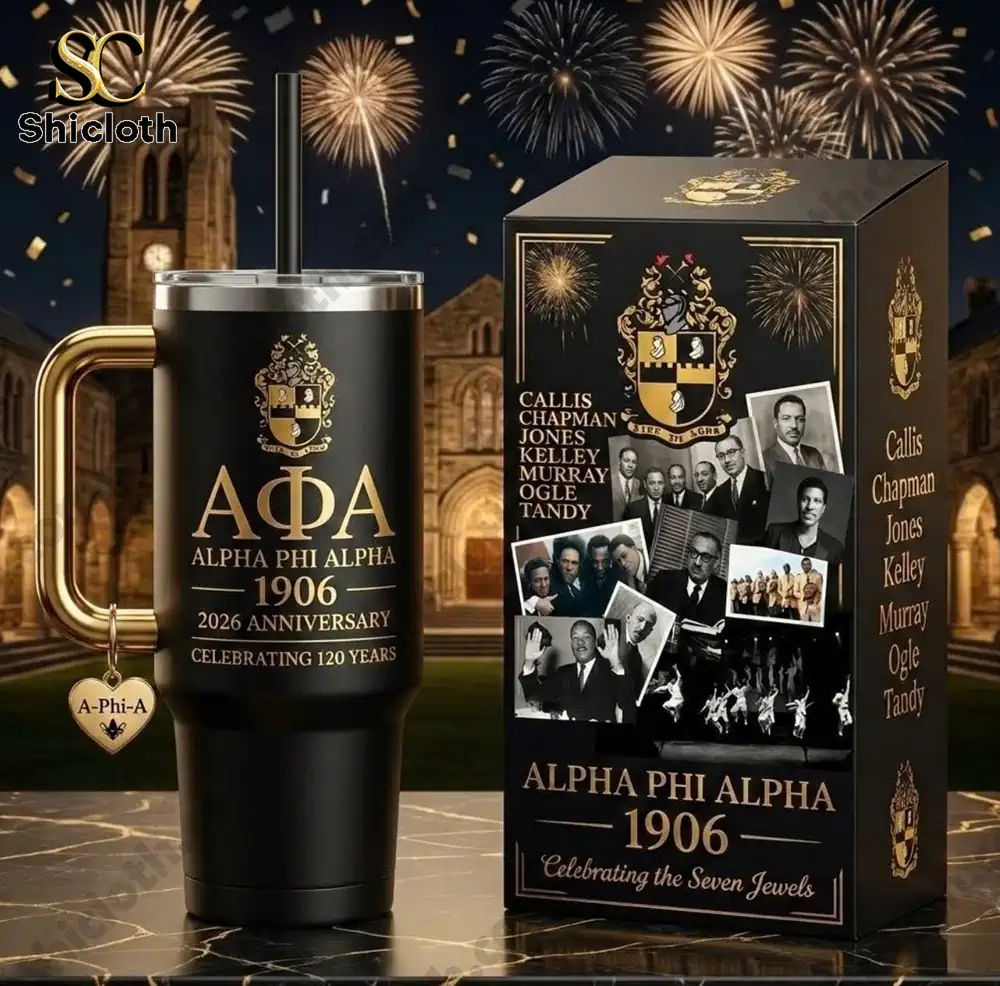 Alpha Phi Alpha anniversary tumbler with elegant commemorative gift box display!