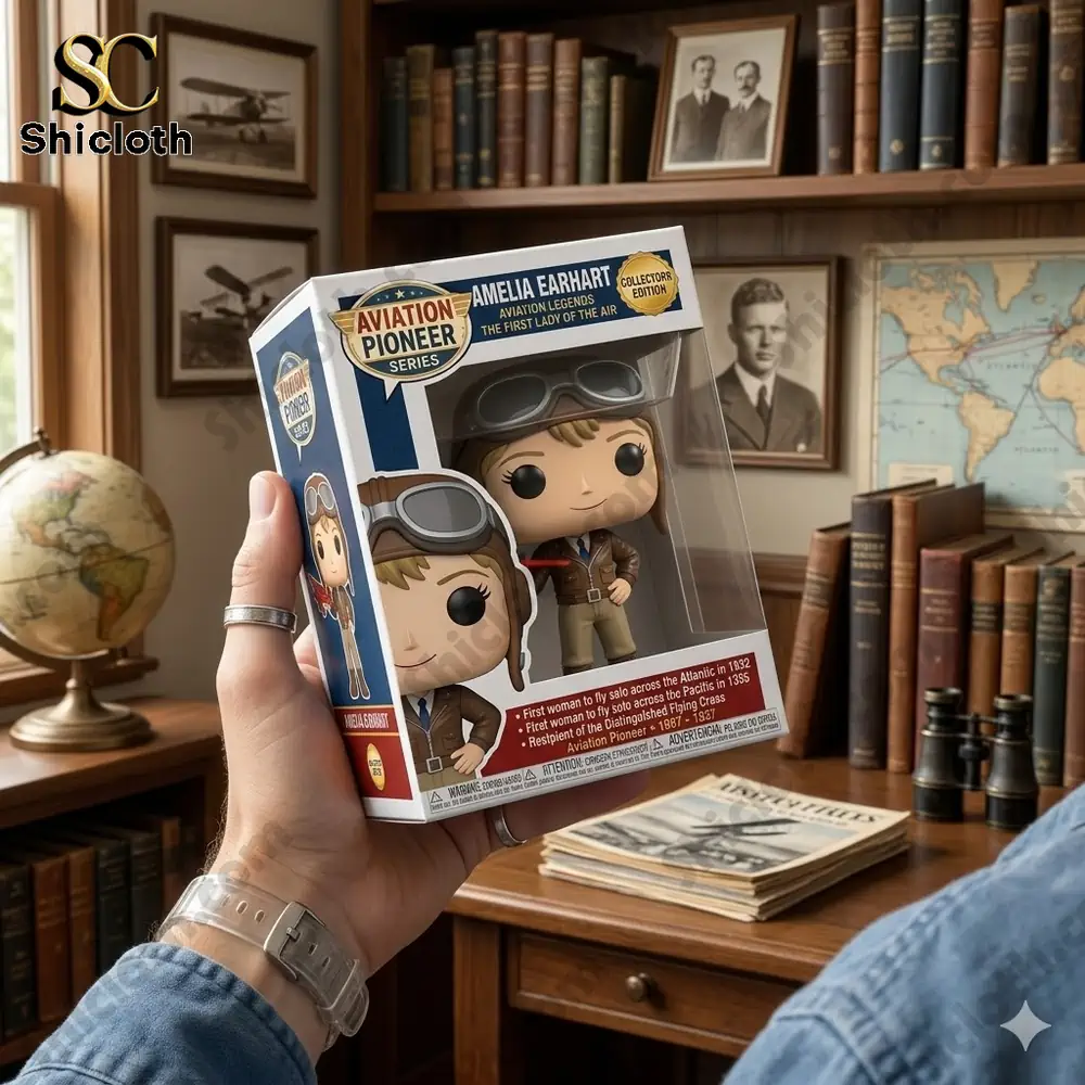 Amelia Earhart figure in box held in hand inside vintage study room!