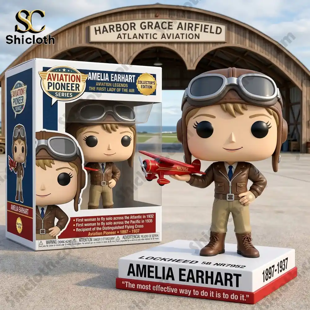Amelia Earhart figure with airplane standing in front of airfield hangar!