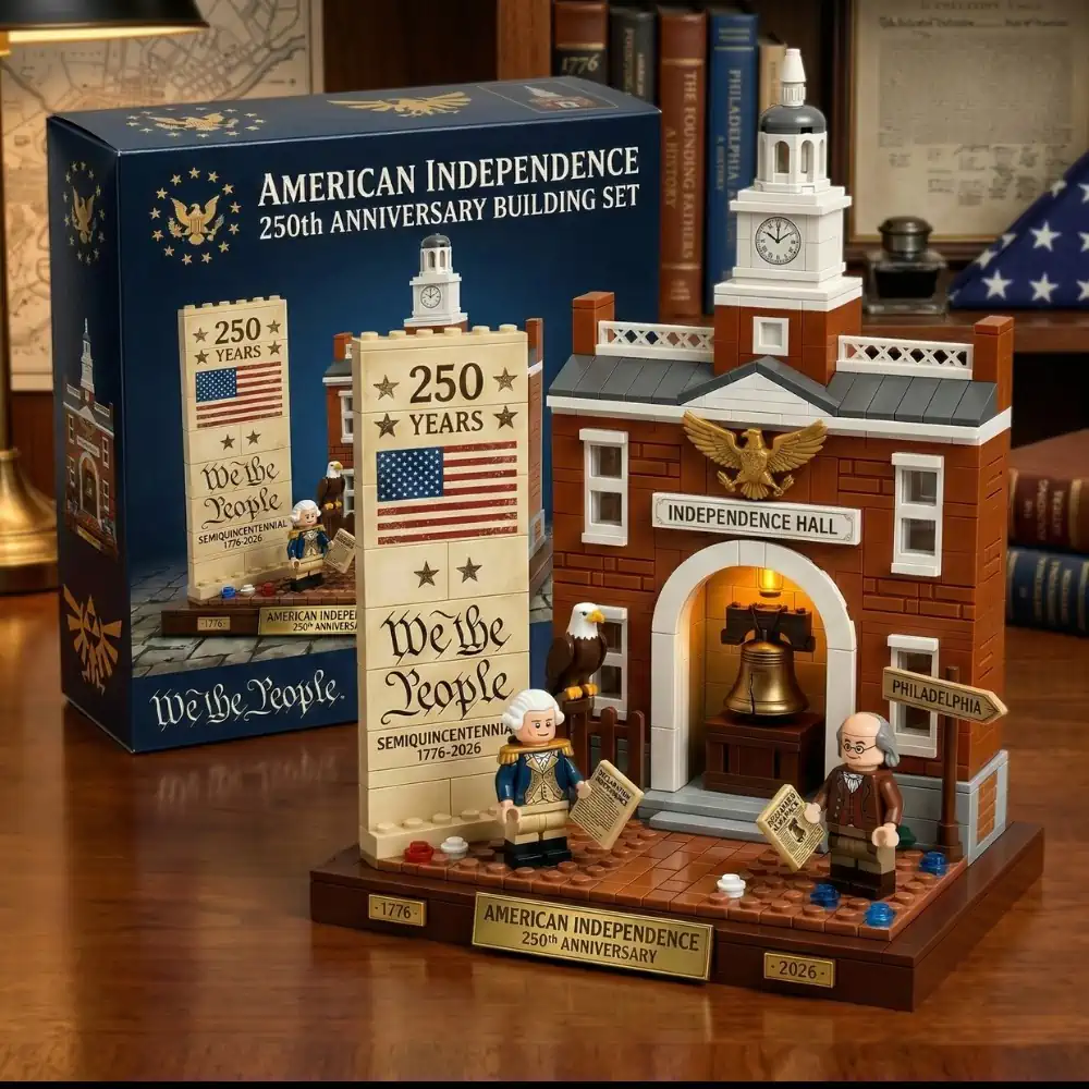 close view of american independence hall two hundred fifty year anniversary building set with historic figures from Shicloth!