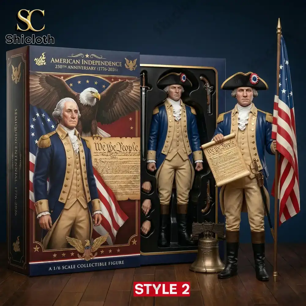 George Washington collectible figure in military uniform with flag and accessories