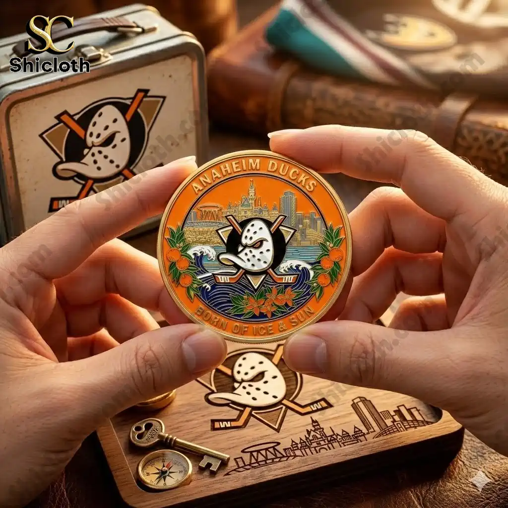 Anaheim Ducks commemorative coin held in hands with Shicloth branding in background.