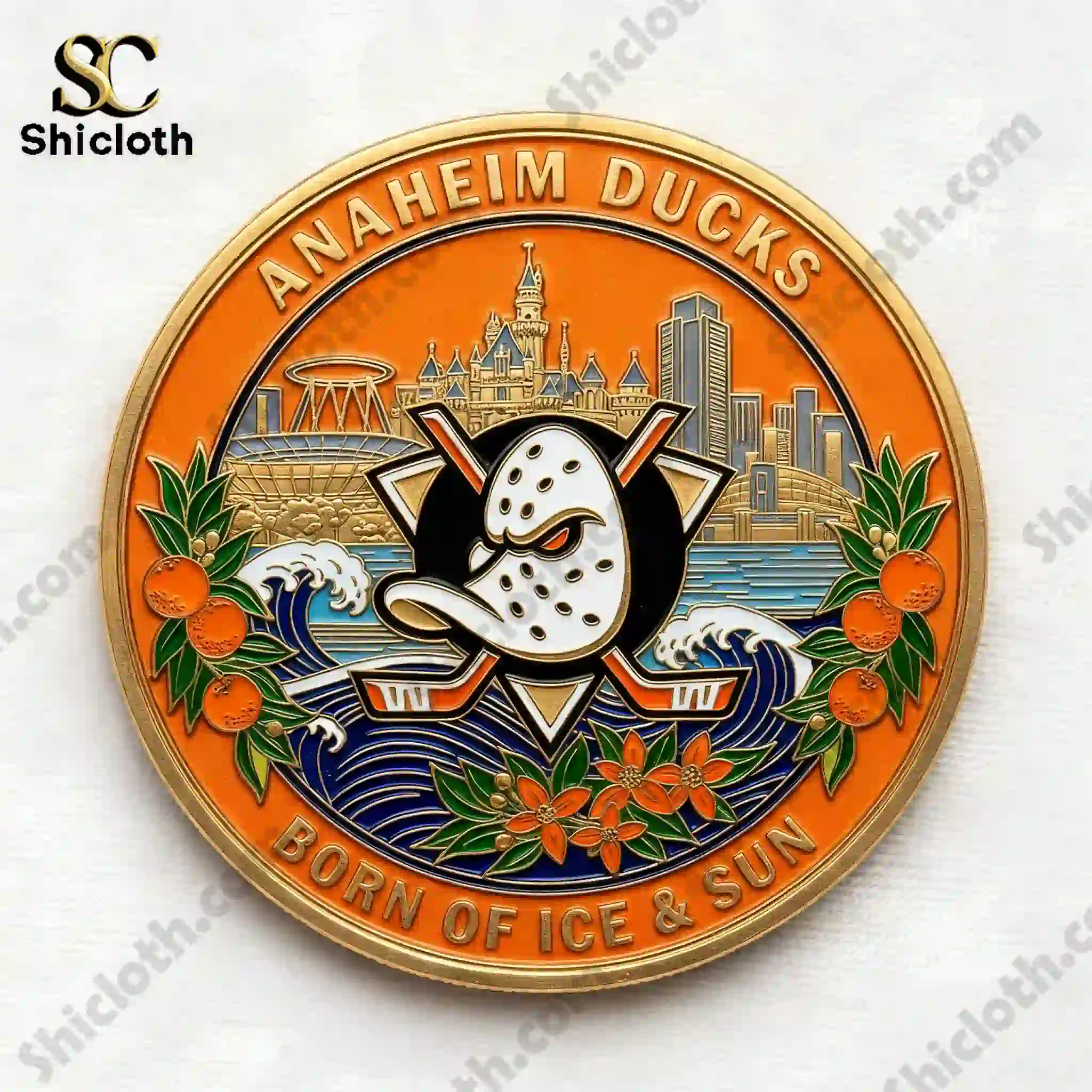 Front view of Anaheim Ducks anniversary coin with team logo and city design.