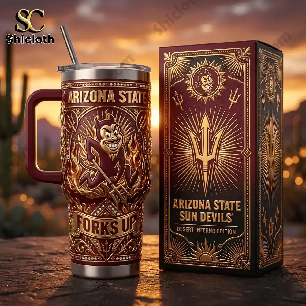 Arizona State tumbler with devil logo and luxury box on desert background