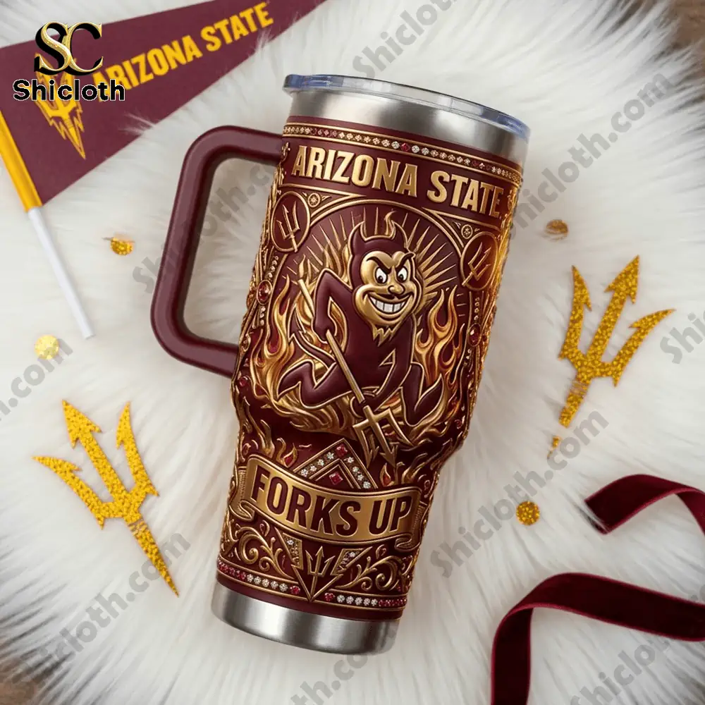 Arizona State tumbler with devil logo on decorative background with flag and confetti
