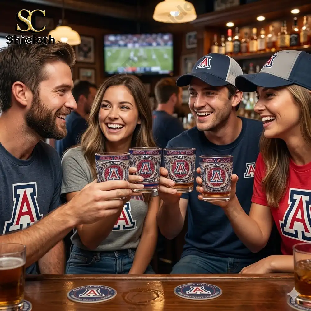 Friends cheering with Arizona Wildcats whiskey glasses in a bar!
