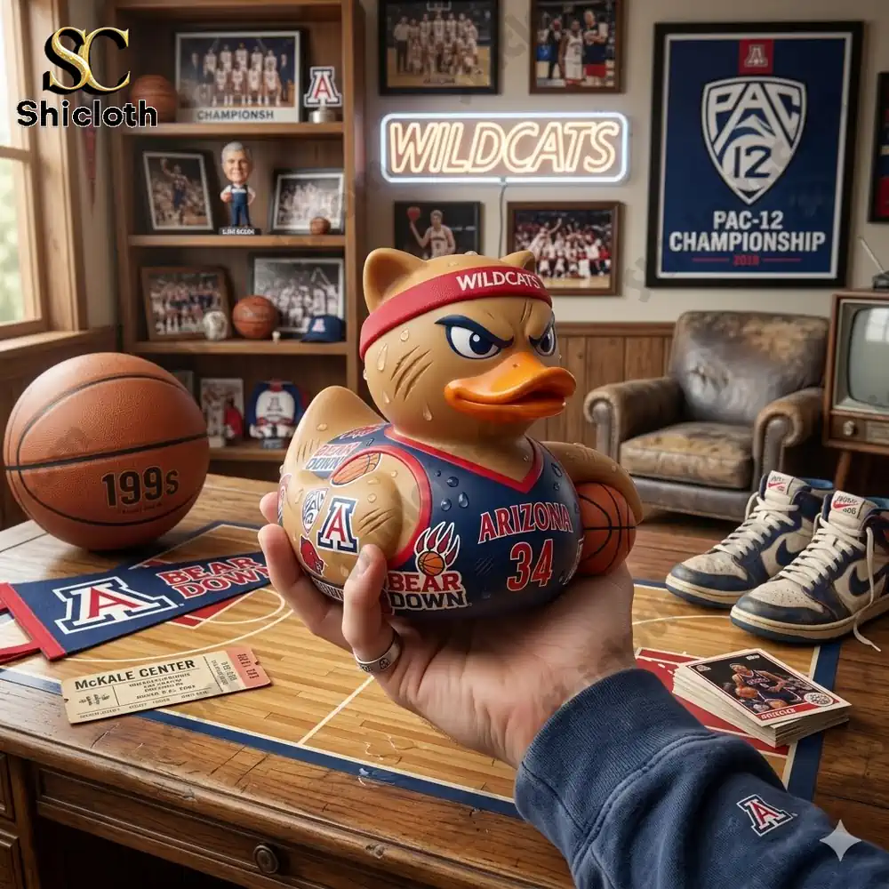 Arizona Wildcats basketball themed duck figurine held in hand inside sports fan room