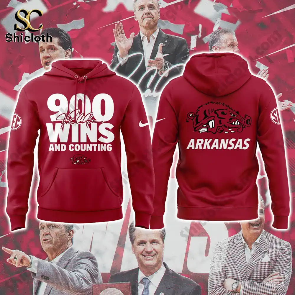 Red Arkansas Razorbacks 900 wins commemorative hoodie with front typography and back Razorbacks logo!