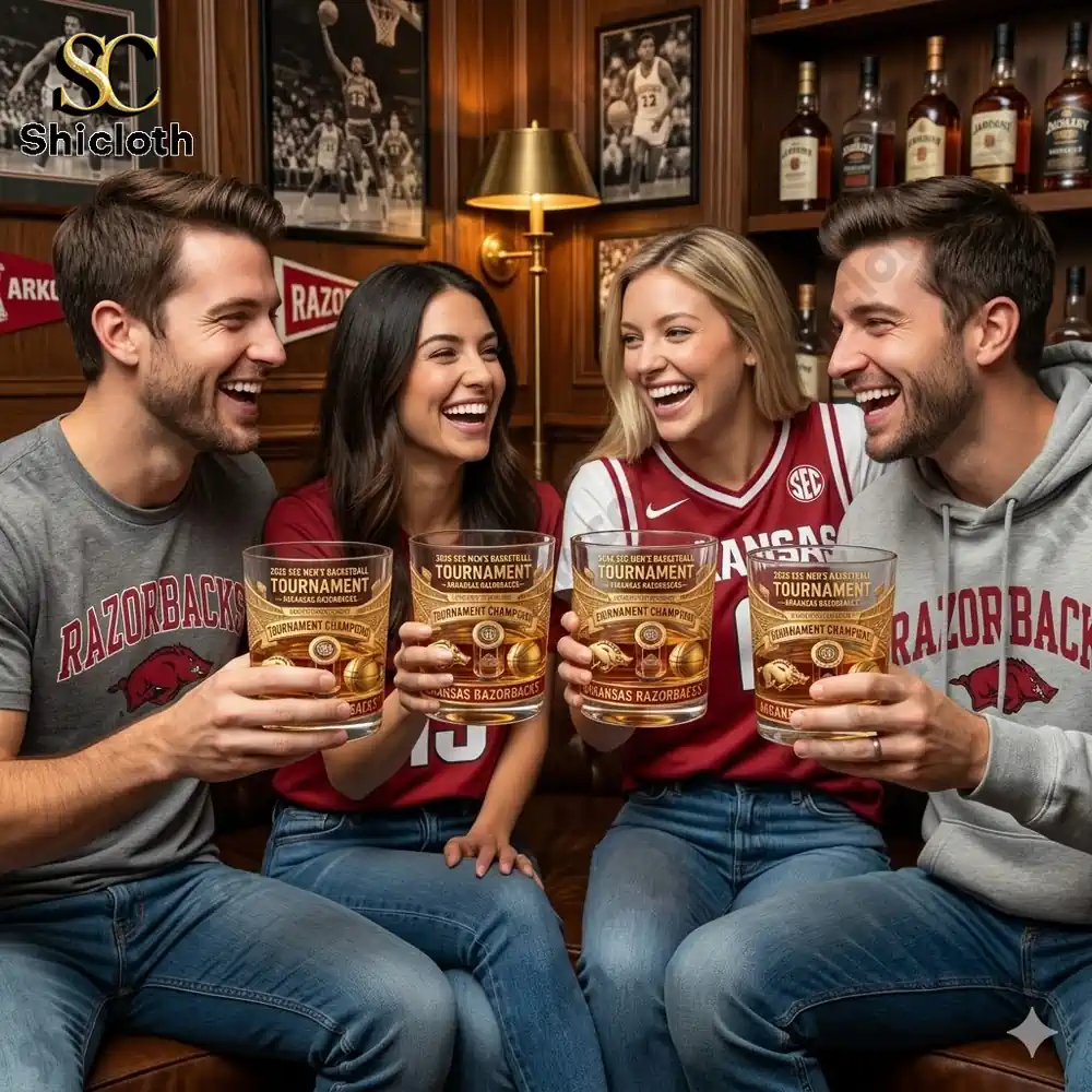 Friends cheering with Arkansas Razorbacks whiskey glasses in a cozy bar!