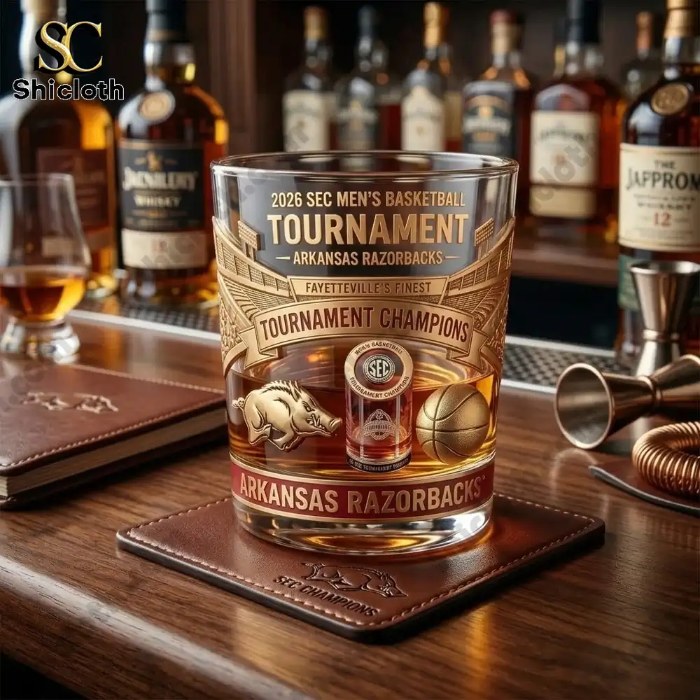 Close up of Arkansas Razorbacks whiskey glass on a bar counter!