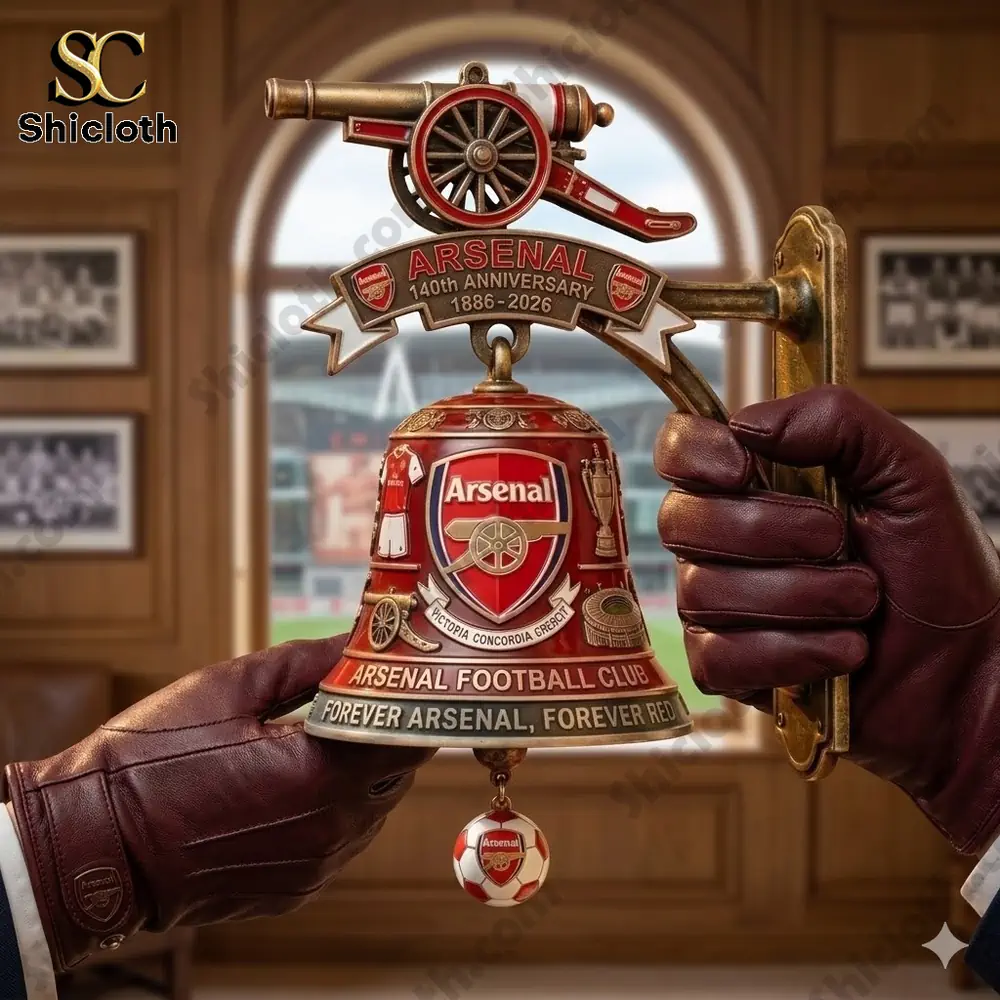 Arsenal anniversary forever arsenal forever red wall bell held by gloved hands in stadium themed room!