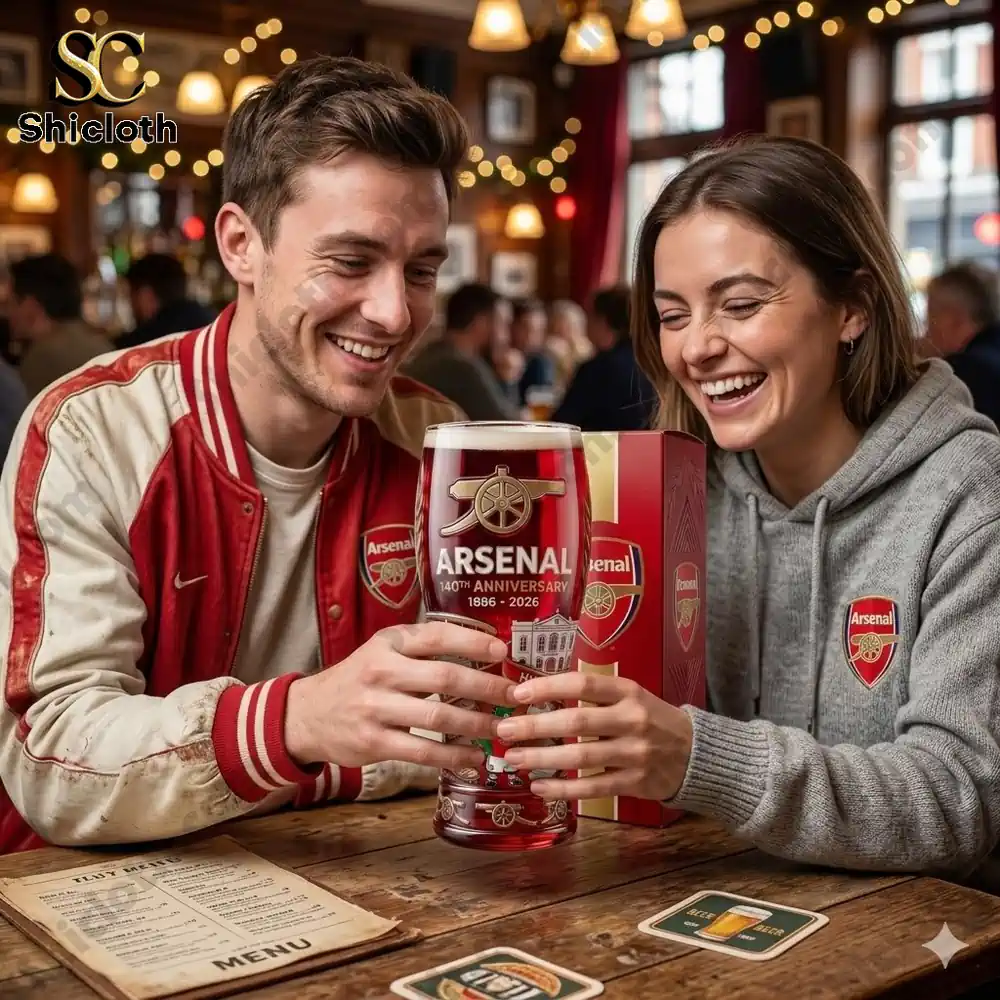 Couple of Arsenal fans holding a red Arsenal anniversary whiskey glass in a warm pub atmosphere by Shicloth!