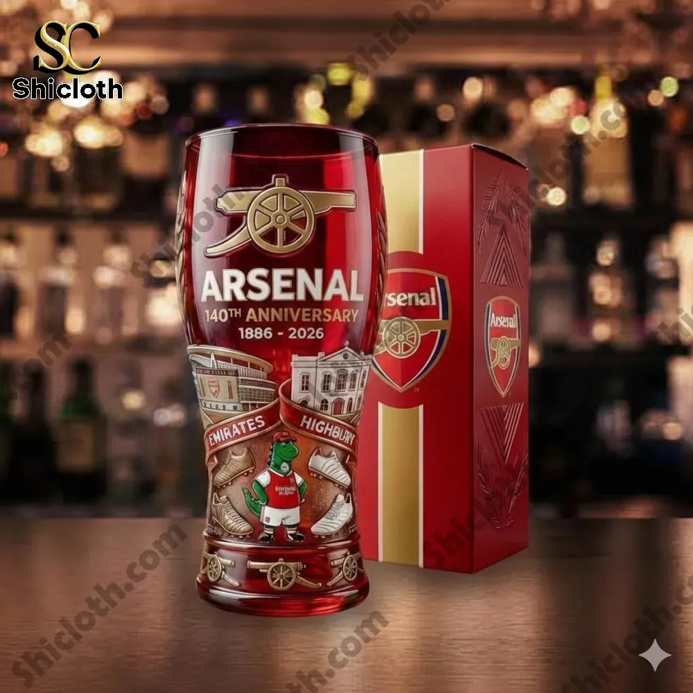 Arsenal anniversary whiskey glass with decorative box displayed on a bar counter by Shicloth!