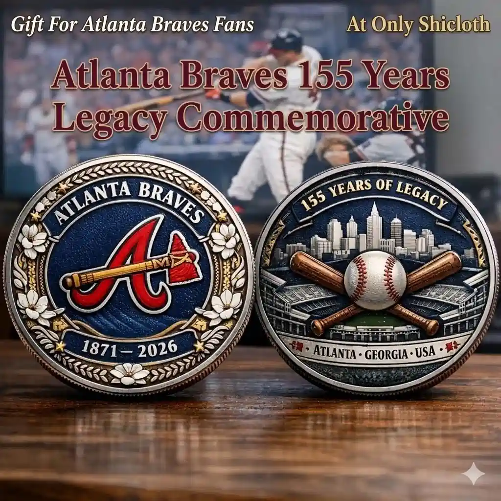 Atlanta Braves 155 Years Legacy commemorative coin front and back displayed on wooden table with baseball game background