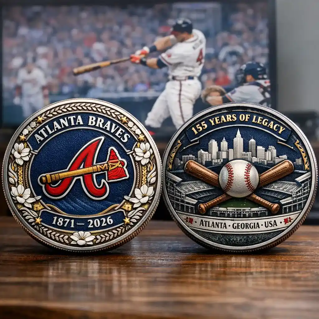 Atlanta Braves commemorative coin front and back standing on table with baseball game playing on television behind