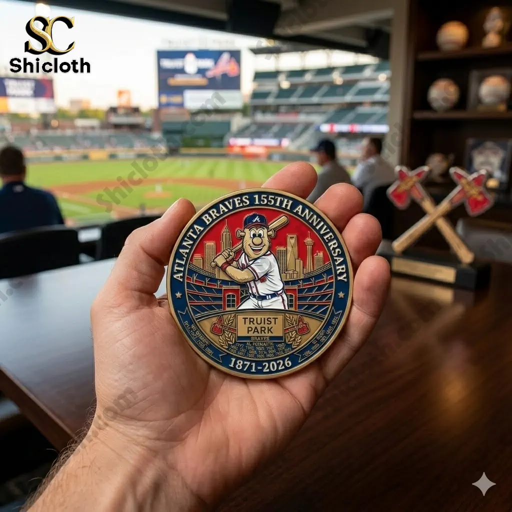 Hand holding Atlanta Braves 155th Anniversary commemorative coin inside baseball stadium!