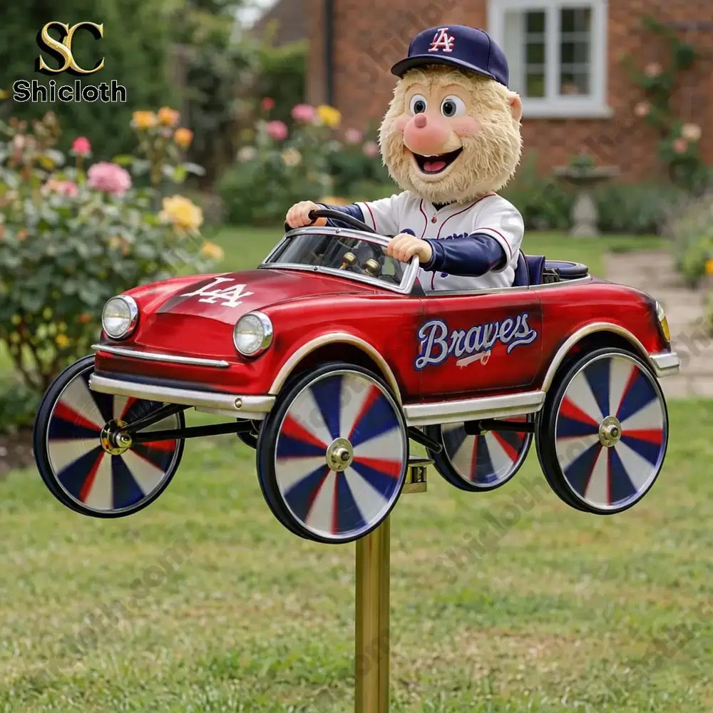 Blooper mascot driving red car garden wind spinner