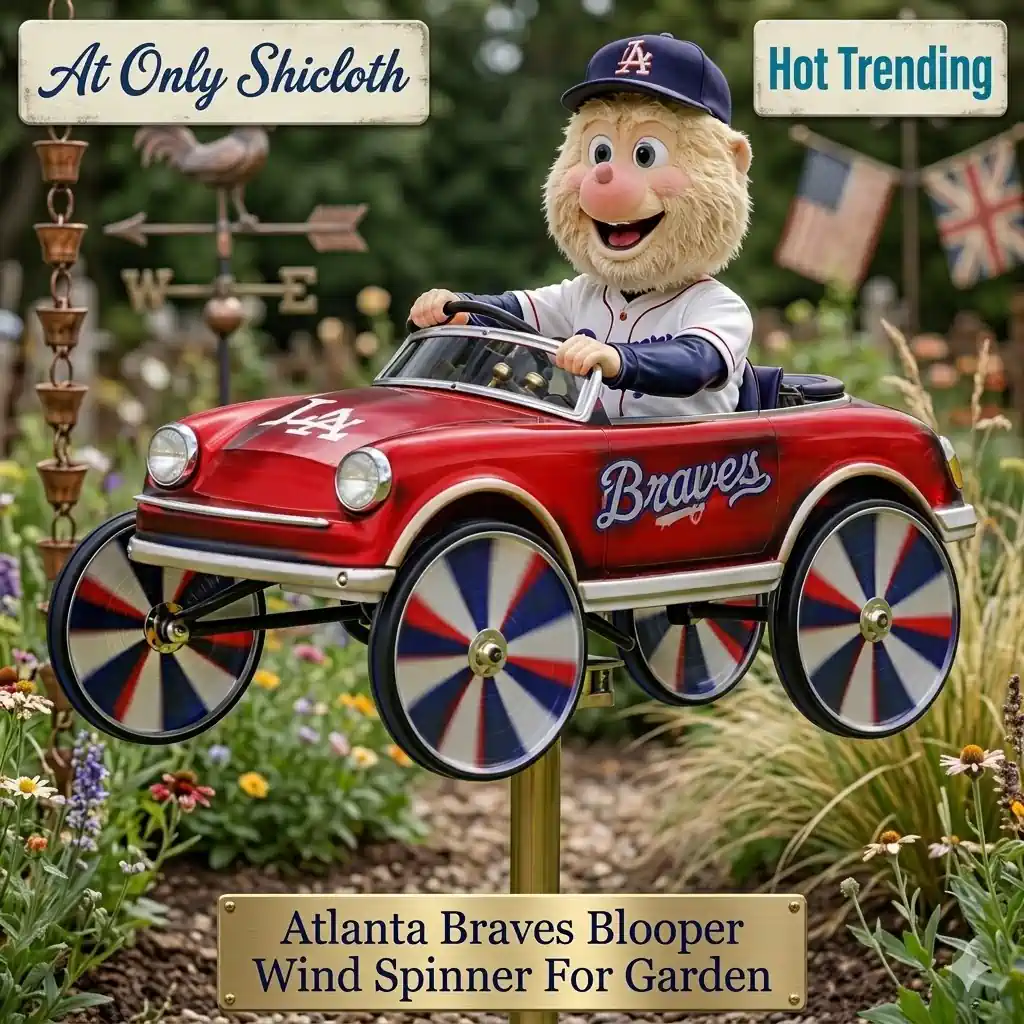 Blooper Braves wind spinner with Shicloth branding in garden