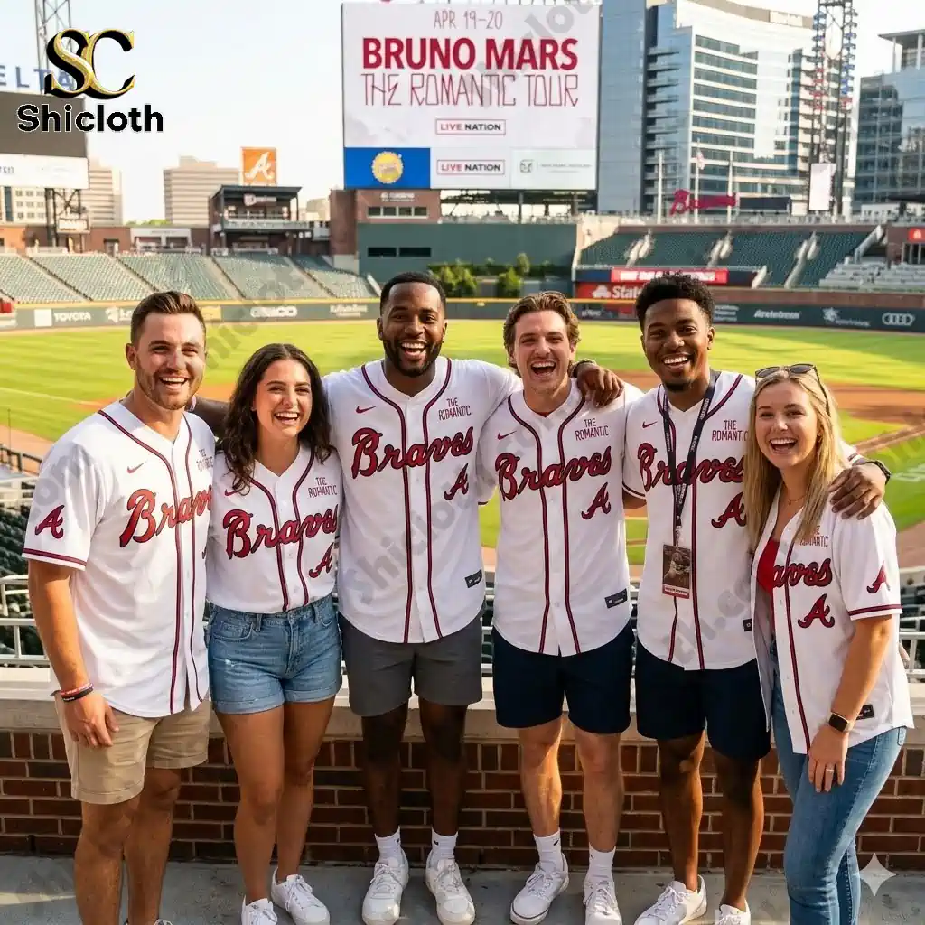 Group of friends wearing Atlanta Braves Bruno Mars The Romantic Tour jerseys at a baseball stadium!
