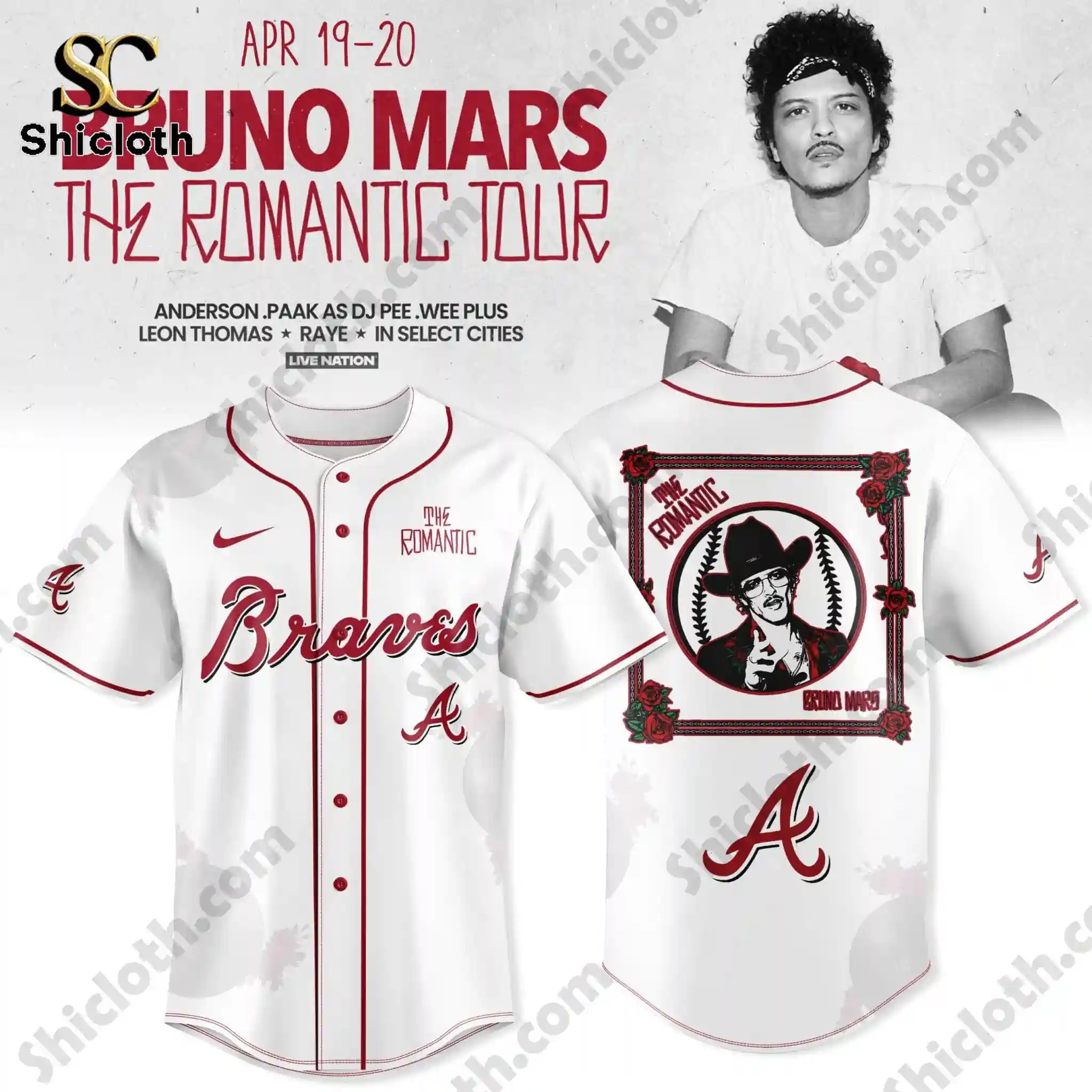 Front and back view of white Atlanta Braves Bruno Mars The Romantic Tour jersey design!