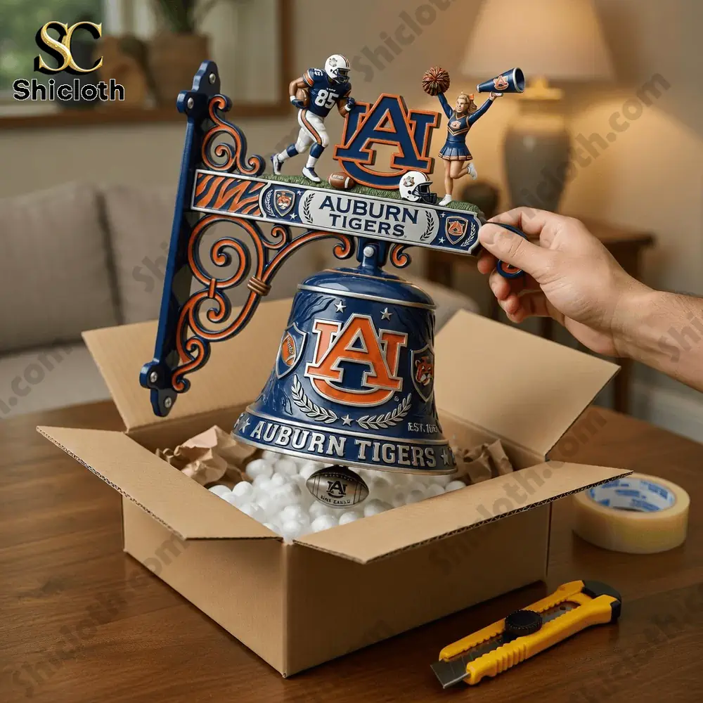 Auburn Tigers wall bell being unboxed on a table