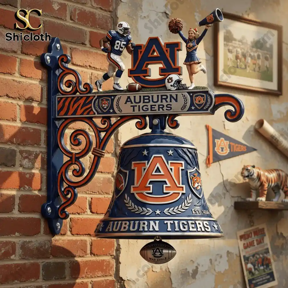 Auburn Tigers Limited Edition Wall Bell 4 Auburn Tigers wall bell mounted on a brick wall with decor