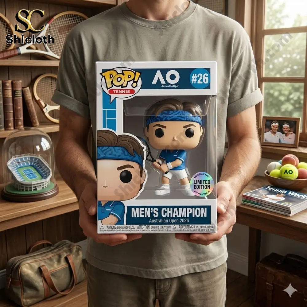 Tennis champion figure in box held indoors with sports decor