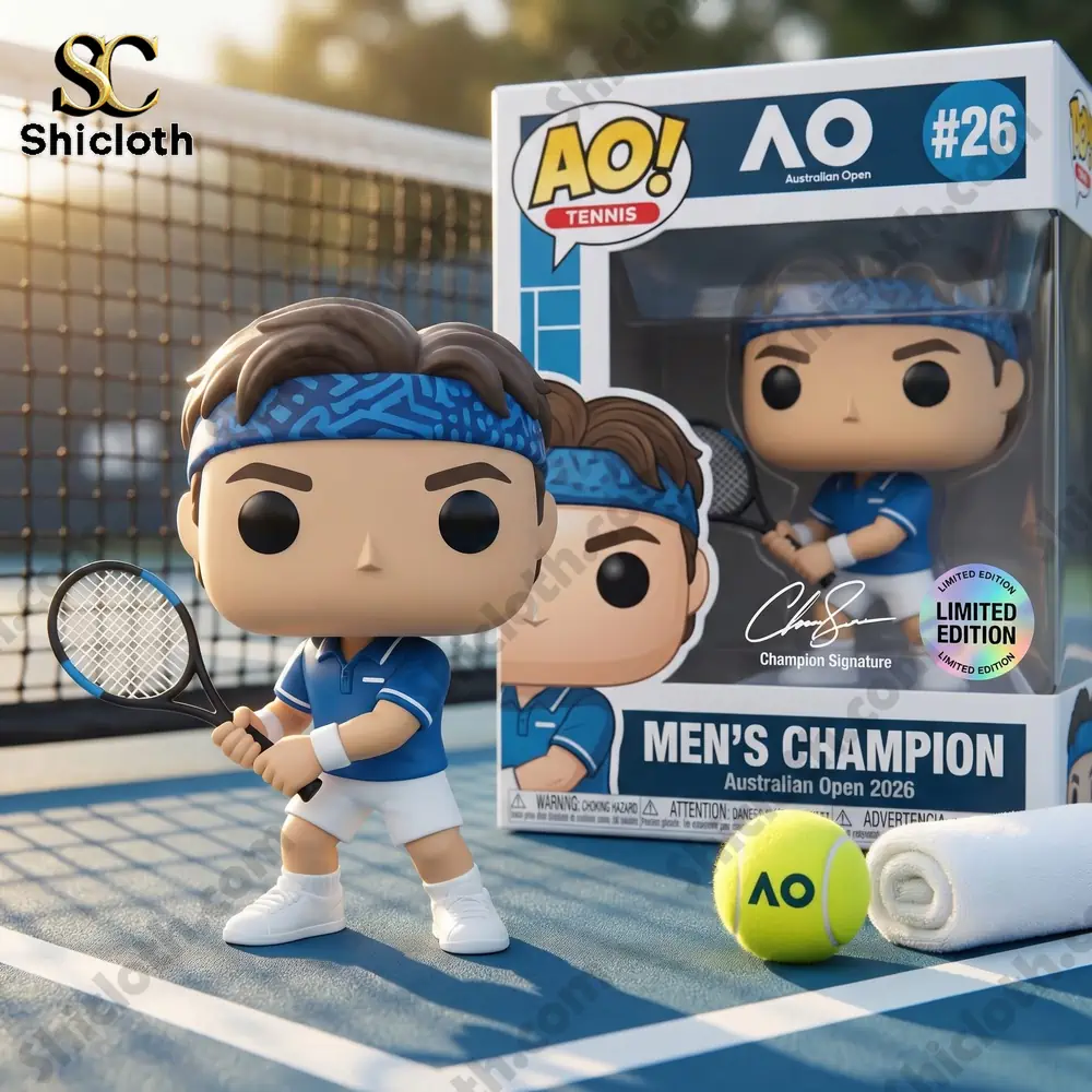 Tennis champion figure on court with box and ball nearby