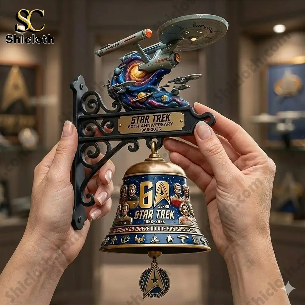 Star Trek 60th Anniversary USS Enterprise wall bell held in hands indoors
