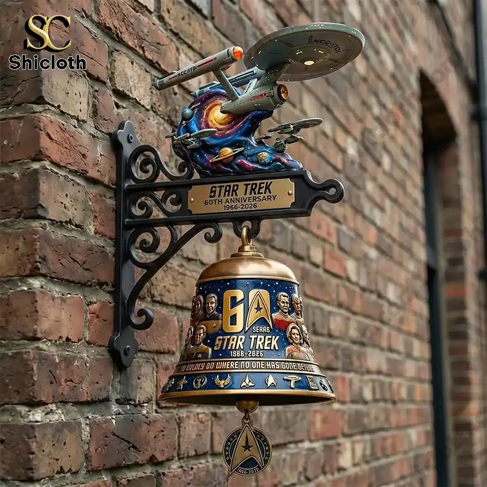 Star Trek 60th Anniversary USS Enterprise wall bell mounted on brick wall