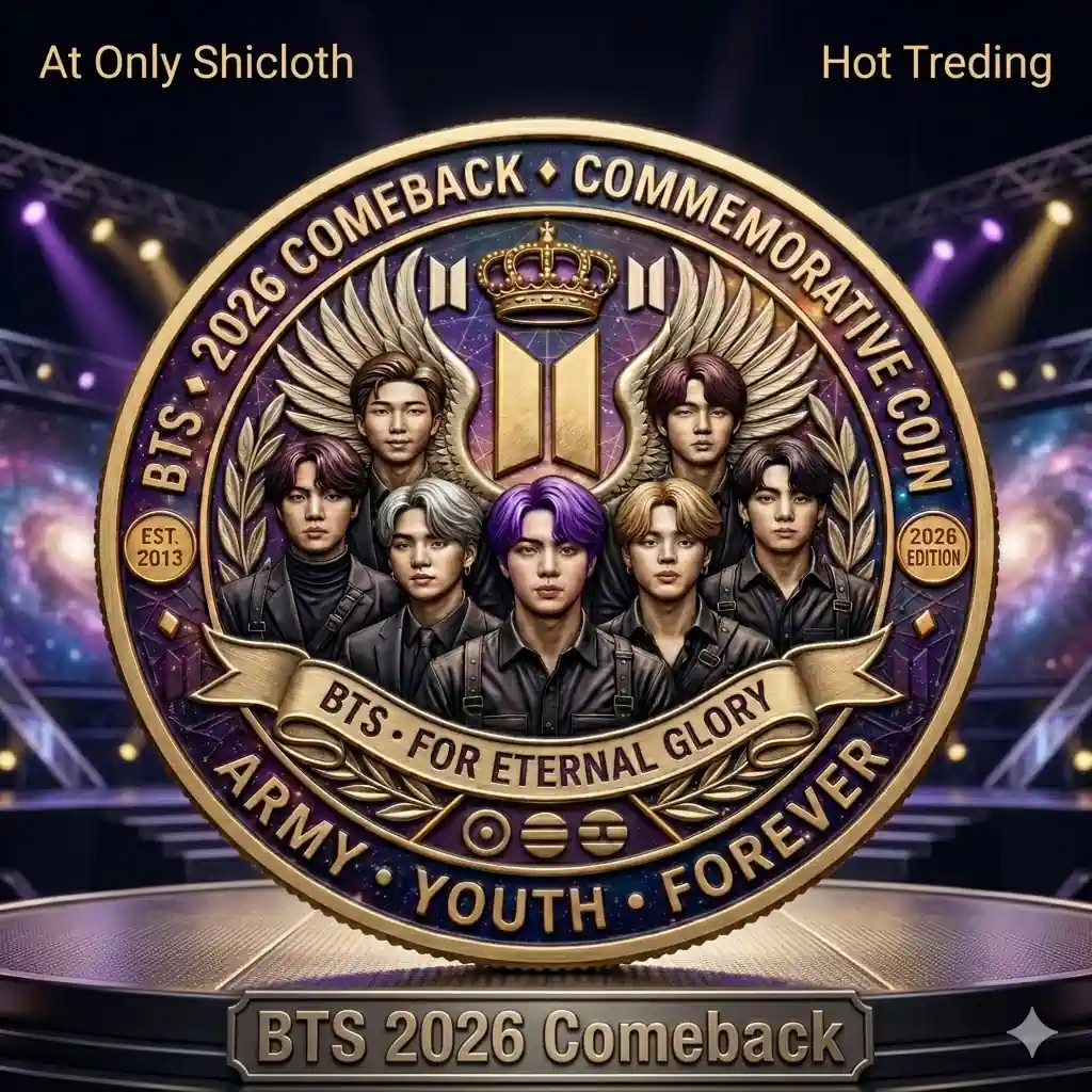 BTS commemorative coin front side with seven members and stage background!