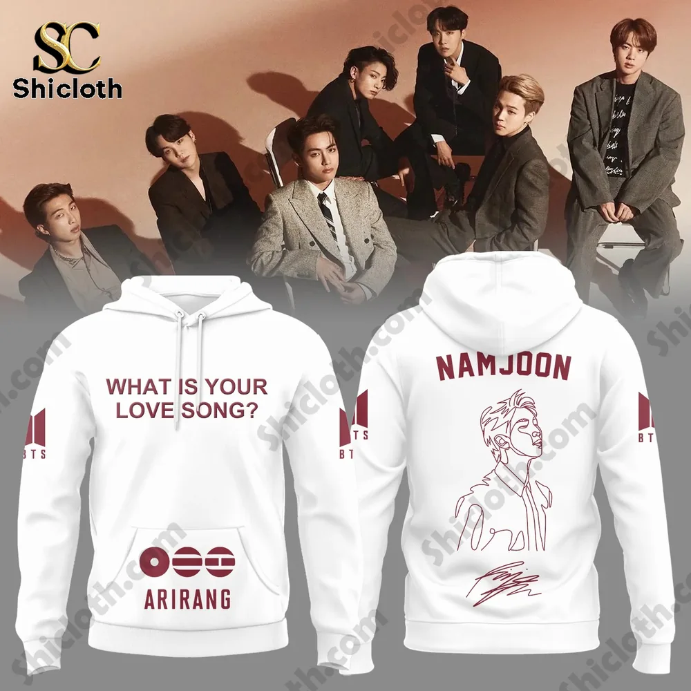 White BTS Arirang hoodie with Namjoon line art portrait on back!