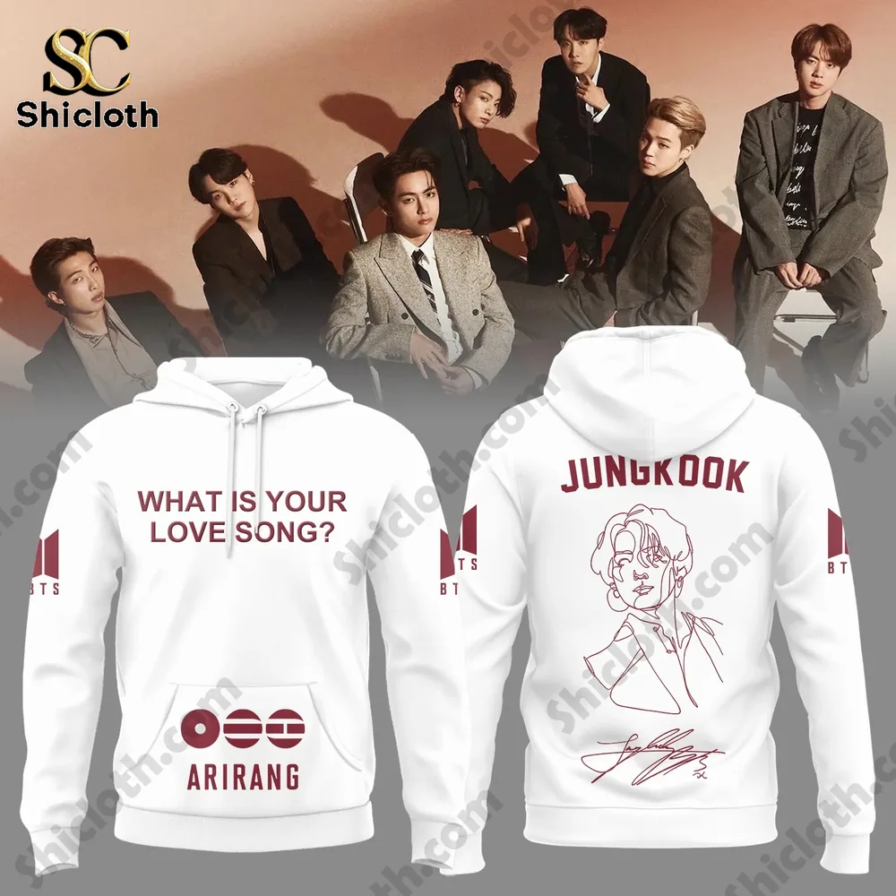 BTS Arirang What Is Your Love Song 2026 Limited Edition Combo Hoodie 6 White BTS Arirang hoodie with Jungkook line art portrait on back!