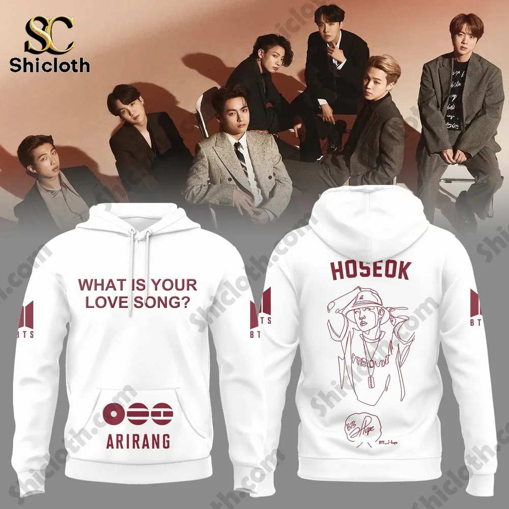 BTS Arirang What Is Your Love Song 2026 Limited Edition Combo Hoodie 7 White BTS Arirang hoodie with Hoseok line art design on back!