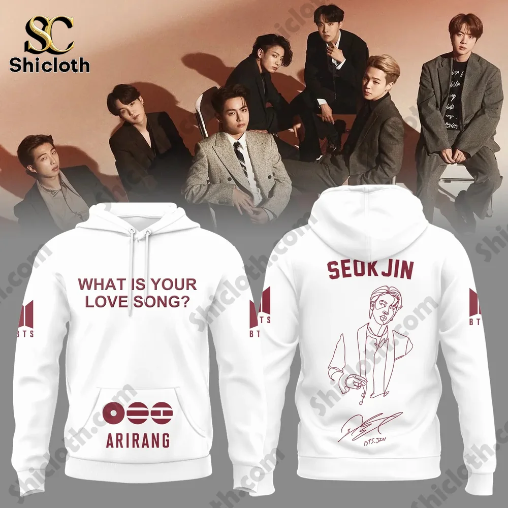 BTS Arirang What Is Your Love Song 2026 Limited Edition Combo Hoodie 9 White BTS Arirang hoodie with Seokjin line art portrait on back!