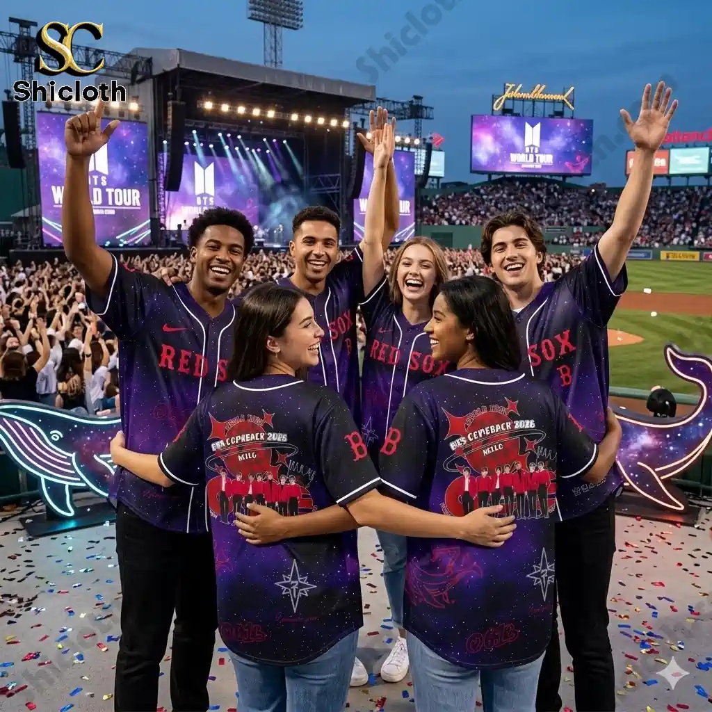 Group of young fans wearing BTS World Tour 2026 Red Sox baseball jerseys at a stadium concert