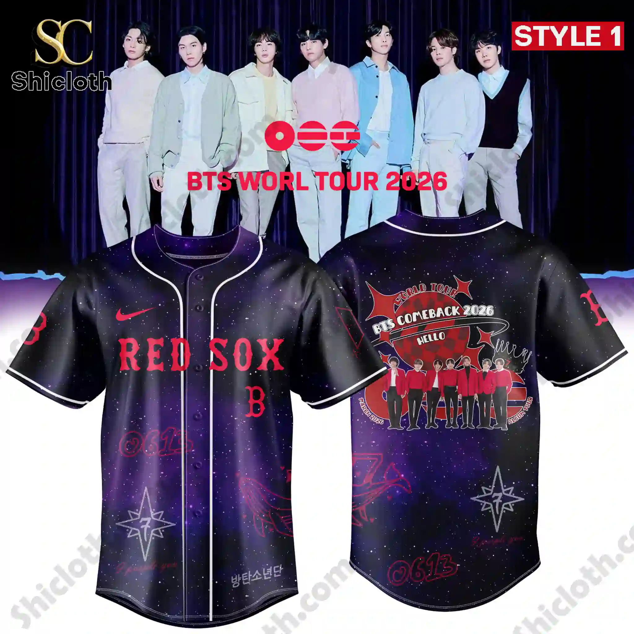 Front and back design of BTS World Tour 2026 Red Sox galaxy baseball jersey Style 1