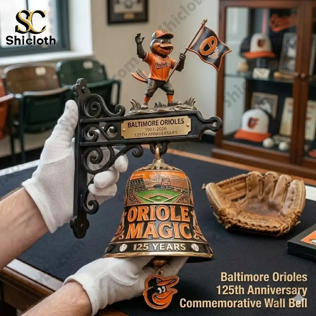 Baltimore Orioles 125th Anniversary wall bell held in hand inside shop