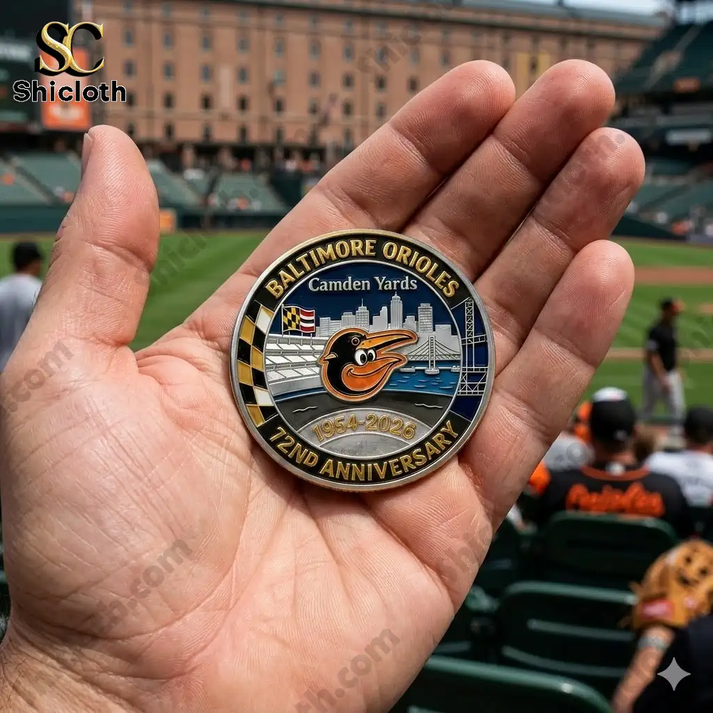 Hand holding Baltimore Orioles commemorative coin at baseball stadium by Shicloth!