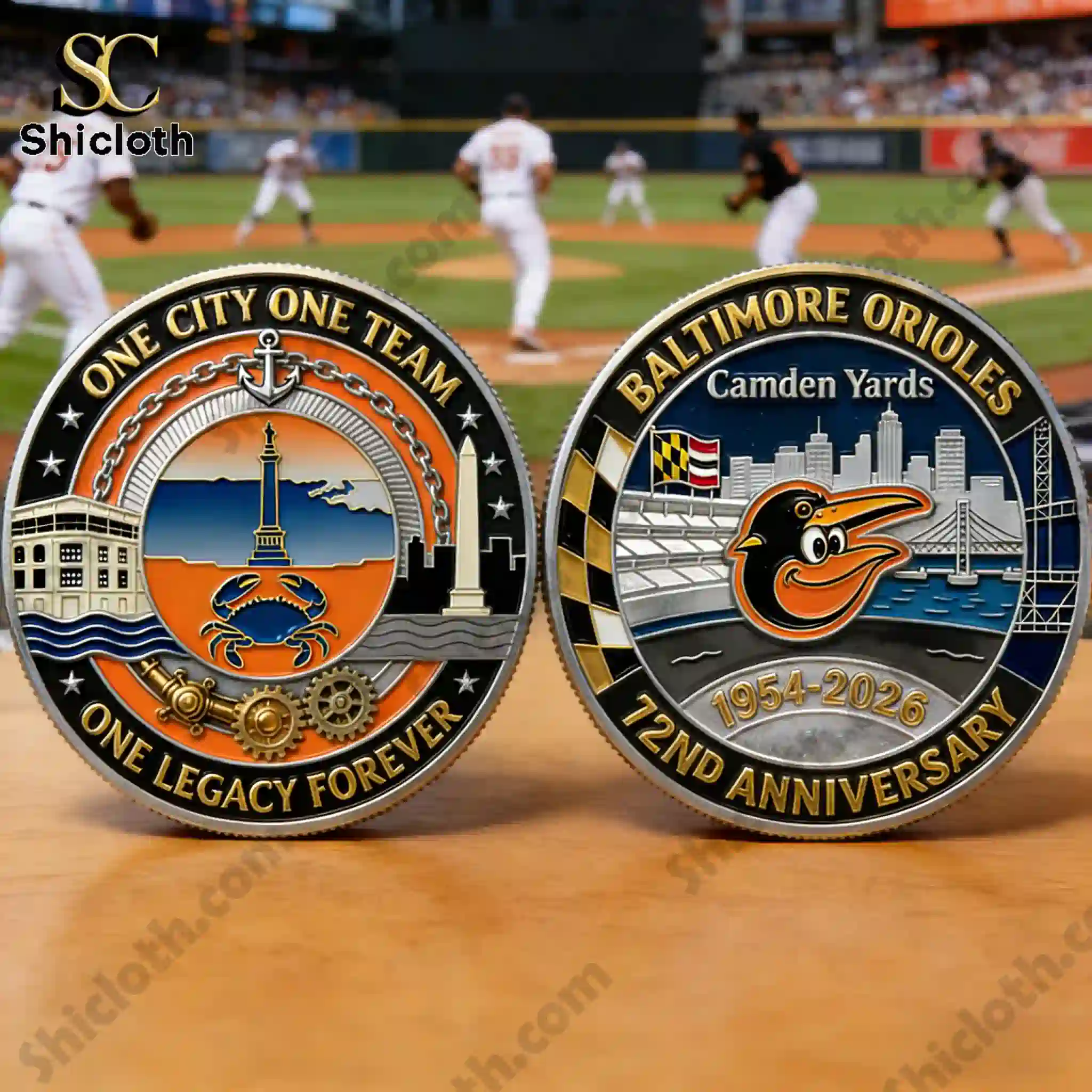 Front and back Baltimore Orioles commemorative coin display at baseball field by Shicloth!