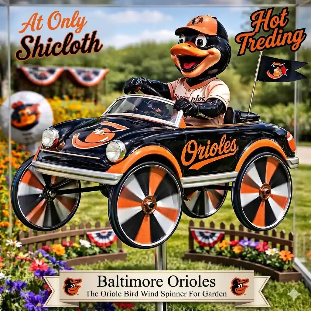 Baltimore Orioles bird wind spinner car design displayed with promotional text in garden setting