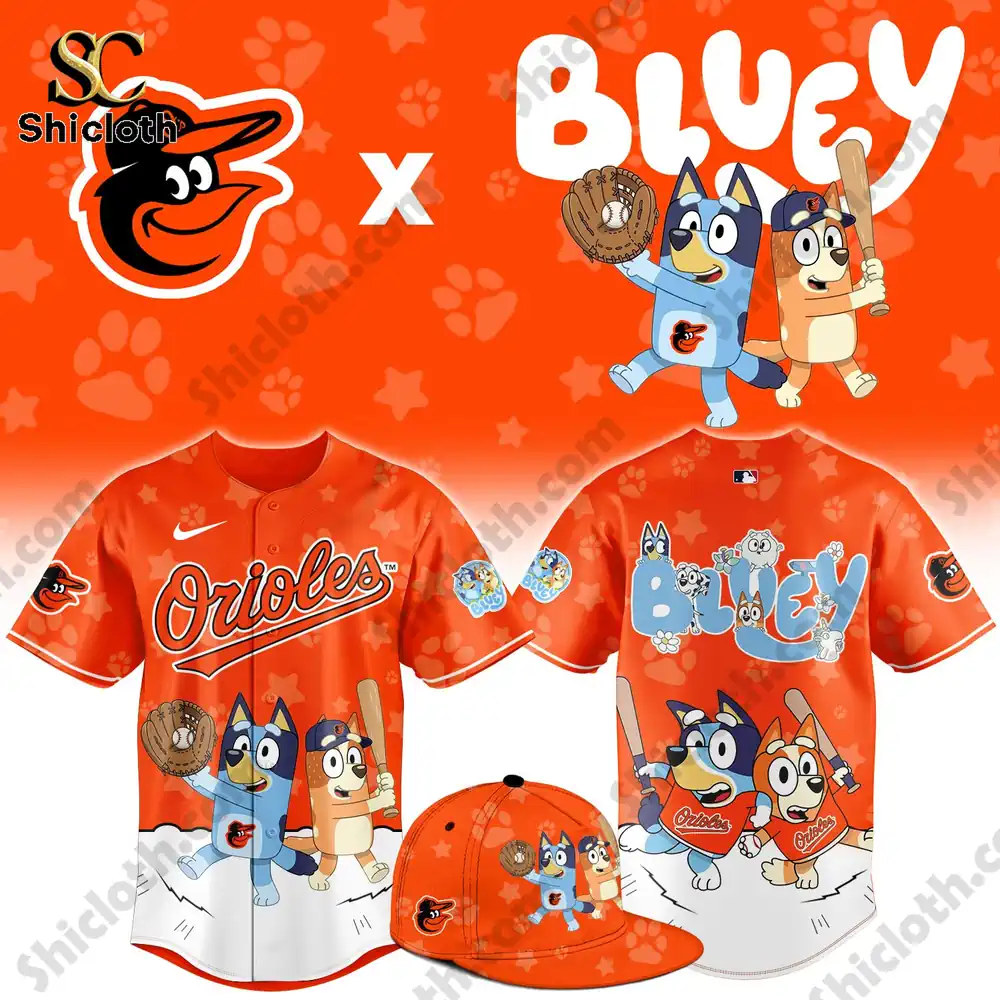 Baltimore Orioles Bluey Night Baseball Jersey and cap orange design by Shicloth!