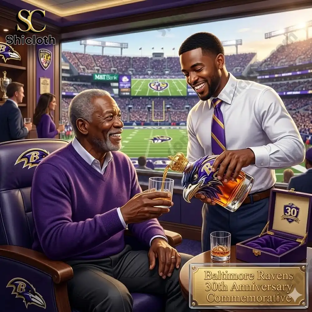 A commemorative scene showing a man and older man sharing a drink with the Baltimore Ravens 30th Anniversary Bottle, celebrating the team's legacy.