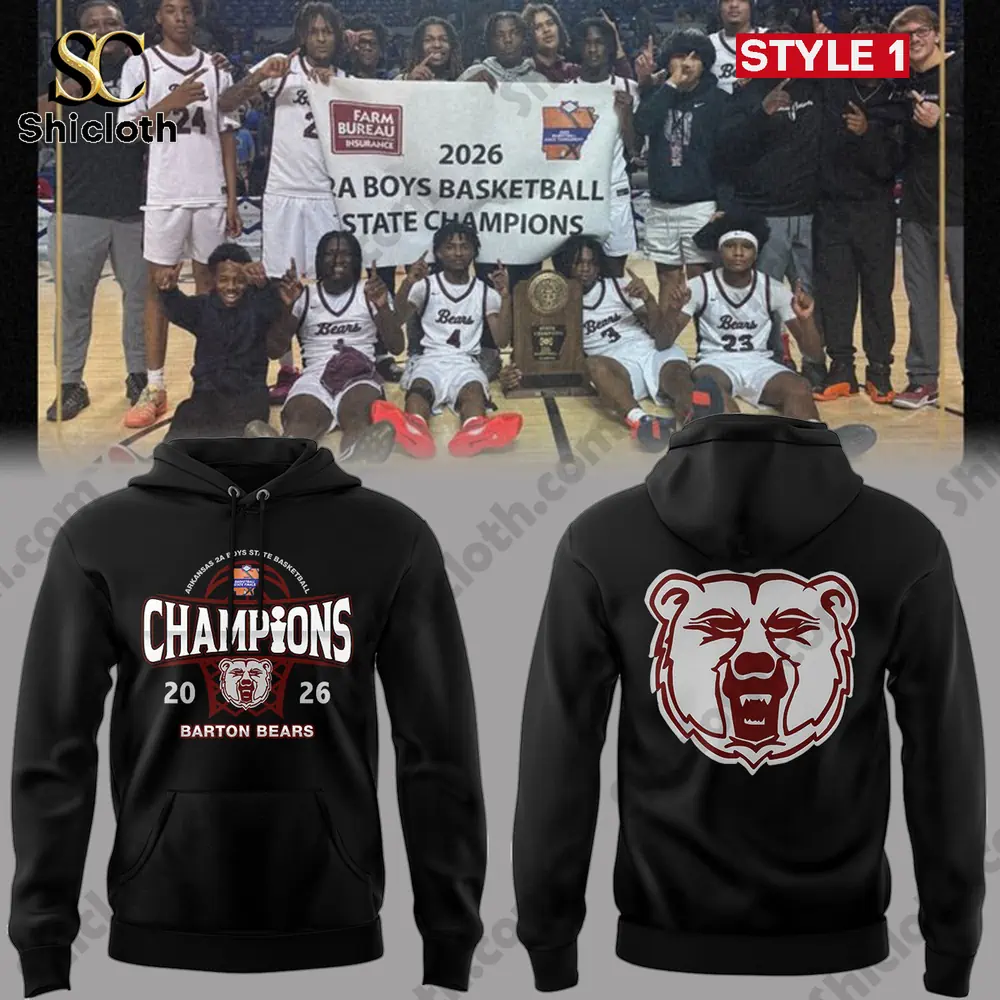 Black Barton Bears 2026 Arkansas boys basketball champions hoodie with bear logo on the back!