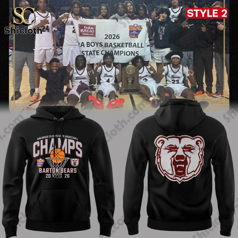 Barton Bears 2026 Arkansas 2A Boys Basketball State Championship Hoodie 3 Black Barton Bears 2026 Arkansas boys basketball champions hoodie with basketball hoop graphic and bear logo!