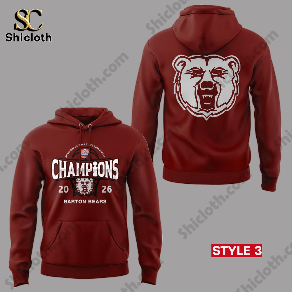 Barton Bears 2026 Arkansas 2A Boys Basketball State Championship Hoodie 4 Red Barton Bears 2026 Arkansas boys basketball champions hoodie with large bear logo on the back!