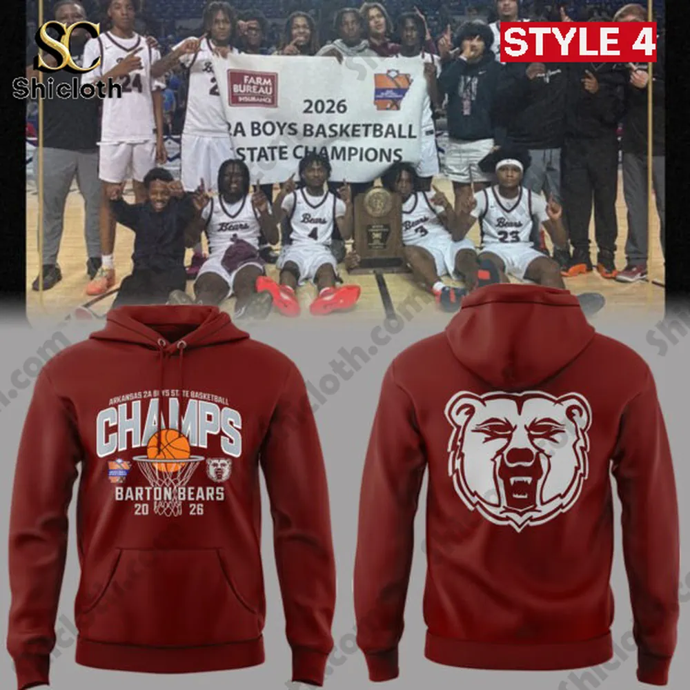 Barton Bears 2026 Arkansas 2A Boys Basketball State Championship Hoodie 5 Red Barton Bears 2026 Arkansas basketball champions hoodie with basketball hoop graphic and bear logo!