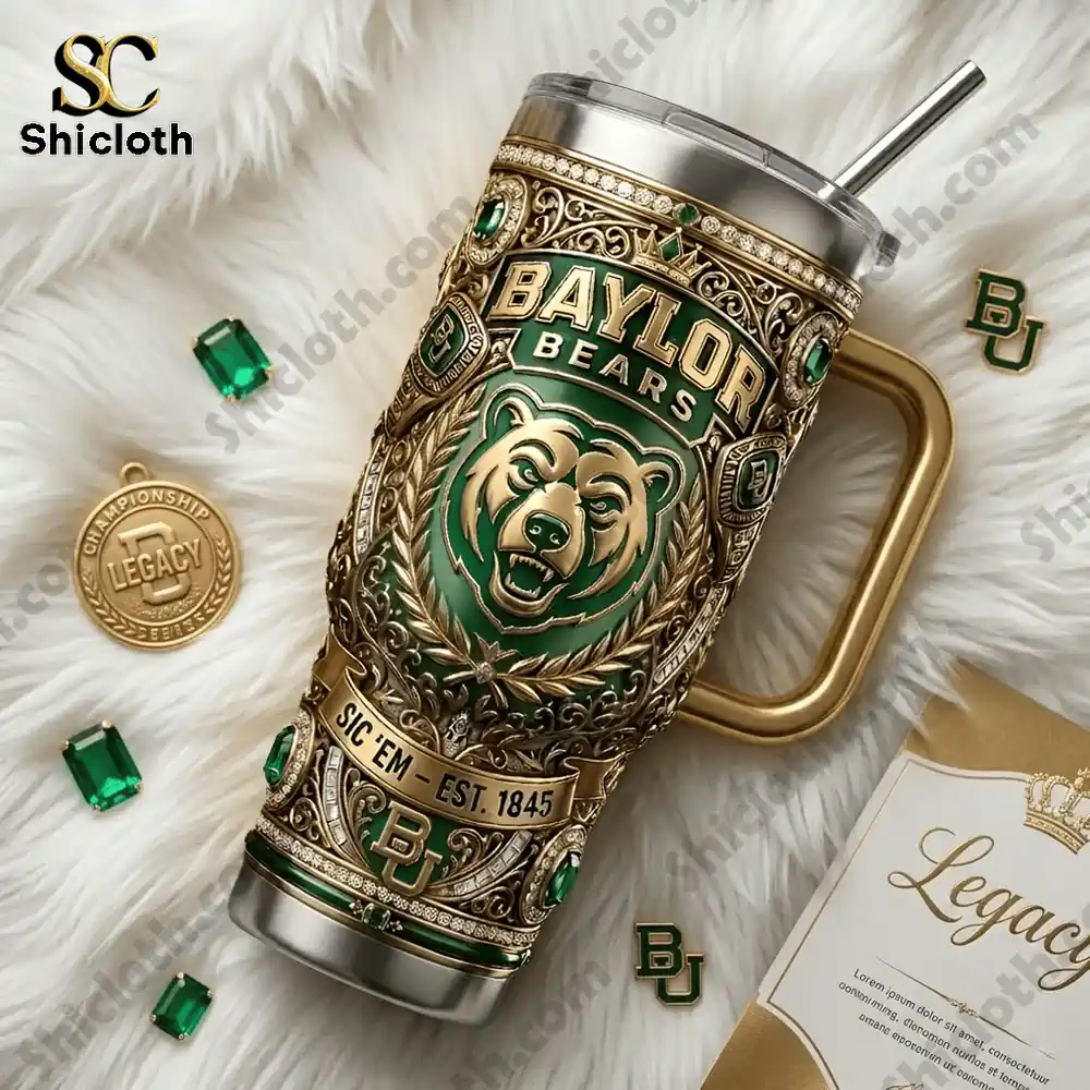 Baylor Bears tumbler with gold details placed on soft white surface with decorative elements!