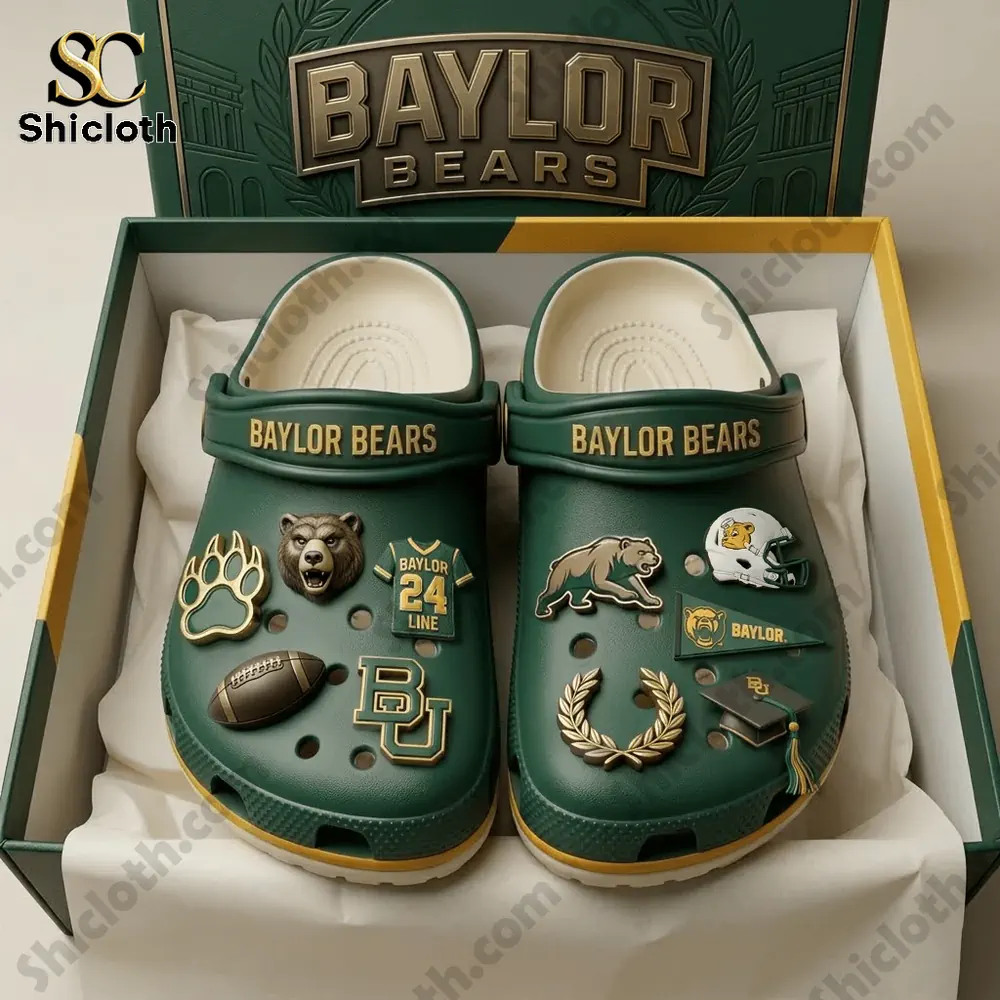 Green Baylor Bears clogs in a branded box with decorative charms
